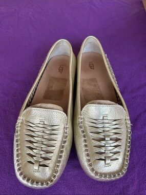 UGG Metallic Gold Woven Leather Driving Moccasins